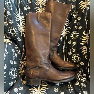 Frye Dark Brown Tall Boots w Strap Detail
